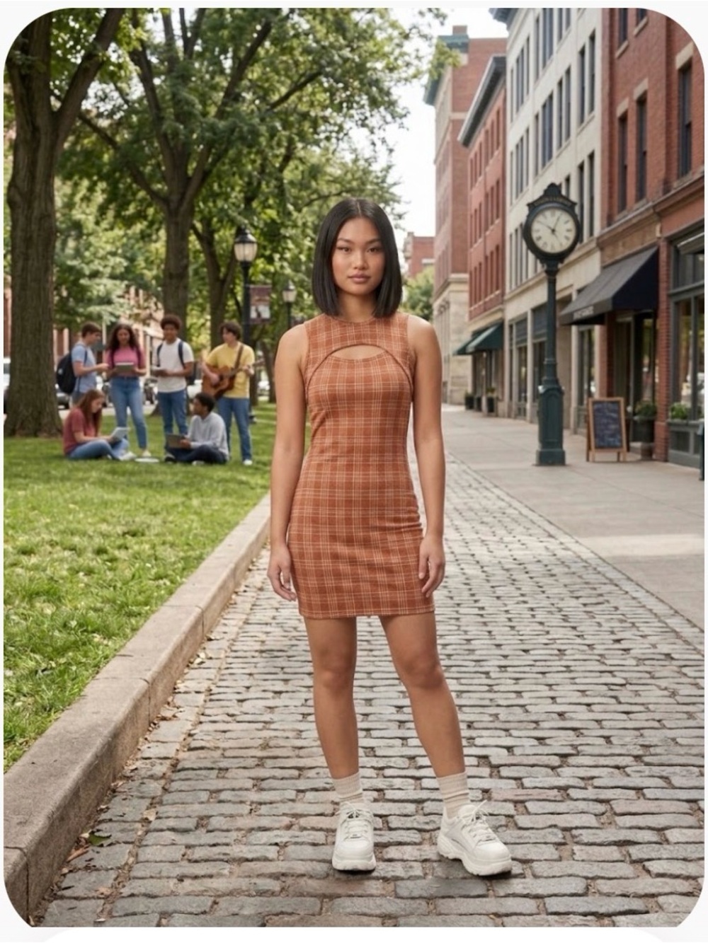 Sleeveless Plaid Mini Dress with Front Cutout in Rust